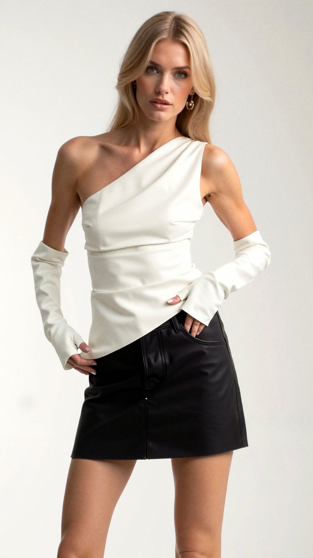Faux Leather One-Shoulder Top with Opera Gloves