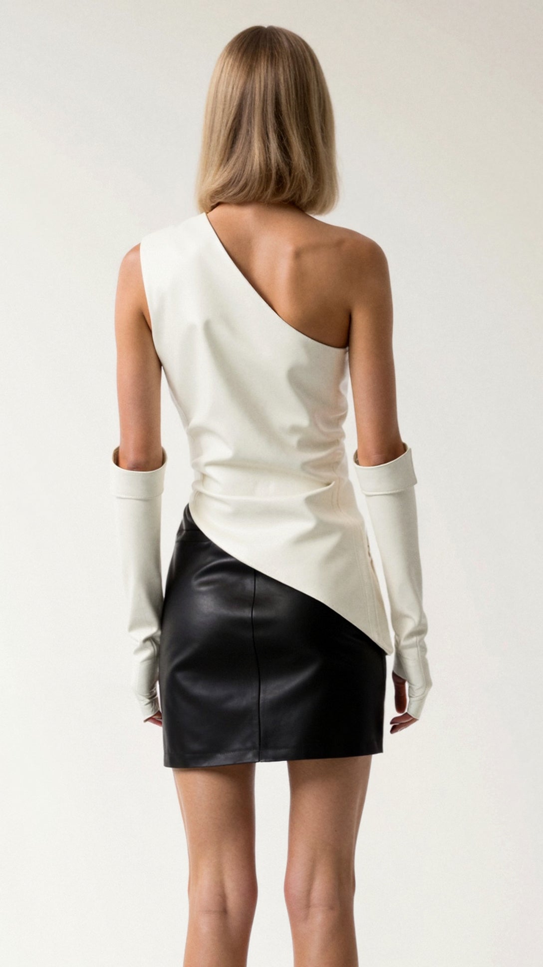 Faux Leather One-Shoulder Top with Opera Gloves