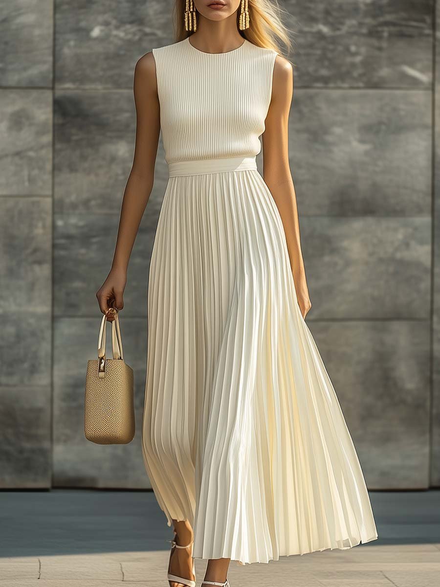 Cream Chiffon Pleated Maxi Dress – Sleeveless Knit Bodice