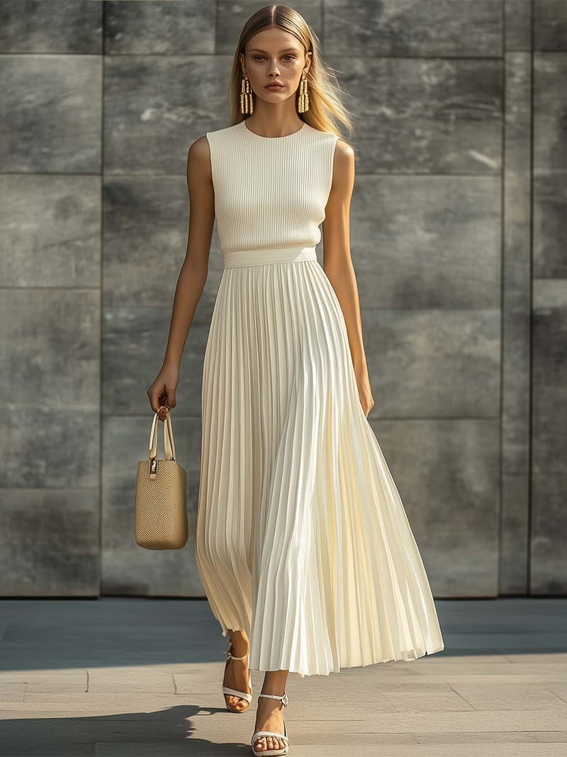 Cream Chiffon Pleated Maxi Dress – Sleeveless Knit Bodice