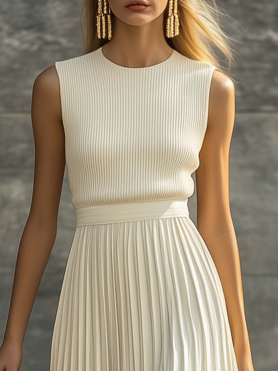 Cream Chiffon Pleated Maxi Dress – Sleeveless Knit Bodice